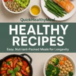 a cover for an ebook titled QuickHealthyMeal_ Nutritious Recipes for a Healthier Life. The cover features vibrant, fresh ingredients like vegetables, fruits, and grains, with a clean and 