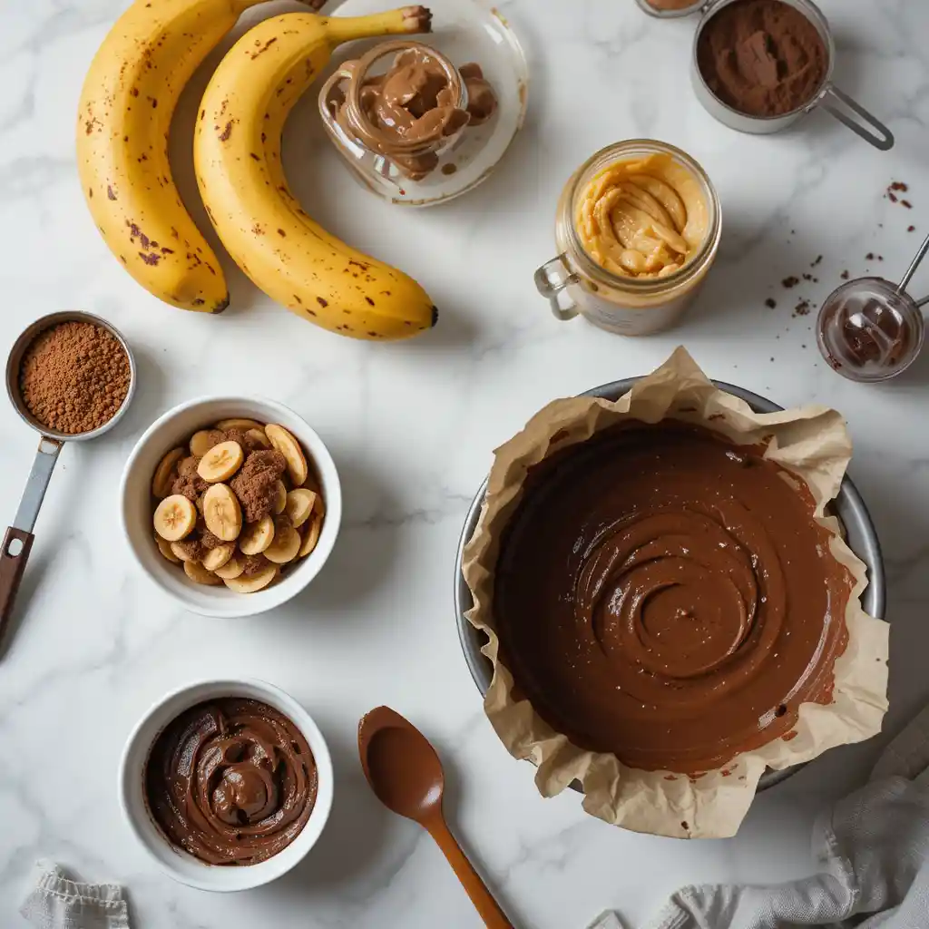 alistic top-down flat lay photography of healthy chocolate cake ingredients and preparation steps. 3 very ripe bananas with brown spots, an open jar of natural almond butter with a spoon, and a bowl of unsweetened cocoa powder. Include step-by-step bowls showing: 1) mashed bananas in a white ceramic bowl, 2) bananas mixed with almond butter creating a chunky mixture, 3) final dark chocolate batter after adding cocoa powder. Add an 8-inch round cake pan lined with parchment paper ready for baking. Use natural lighting on a clean white marble or light wood surface. Include measuring cups, a fork for mashing, and a rubber spatula.