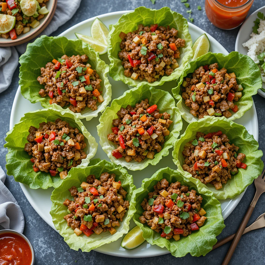 A vibrant platter of several Asian-Inspired Lettuce Wraps with Hoisin Beef, some fully assembled, others with the filling ready to be spooned into fresh lettuce cups, with lime wedges and sriracha on the side, ready for serving." (Plat prêt à être servi, vue d'ensemble)