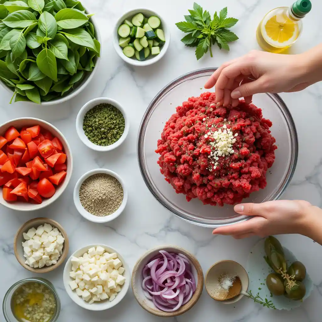 Colorful Mediterranean-style high protein ground beef bowl with fresh vegetables, feta cheese, and herbs on white ceramic plate