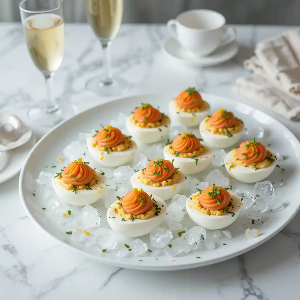 Elegant brunch platter of stuffed eggs garnished with smoked salmon rosettes, fresh chives, microgreens, and lemon zest, arranged on a frosted white porcelain plate with ice crystals beneath. Minimalist table styling with champagne flutes and tea cups