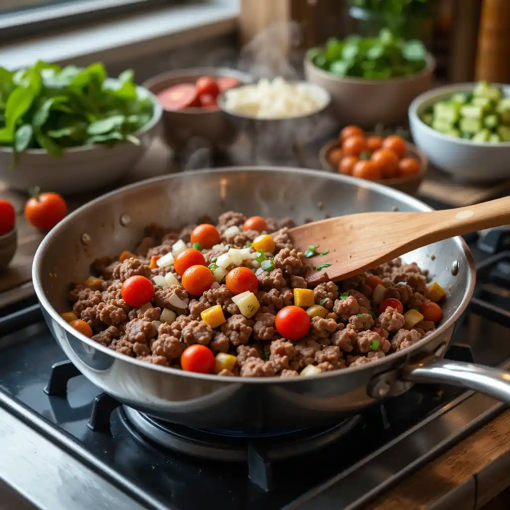 Lean ground beef and vegetable skillet meal showcasing high protein ground beef recipe with cherry tomatoes, spinach, and aromatic herbs