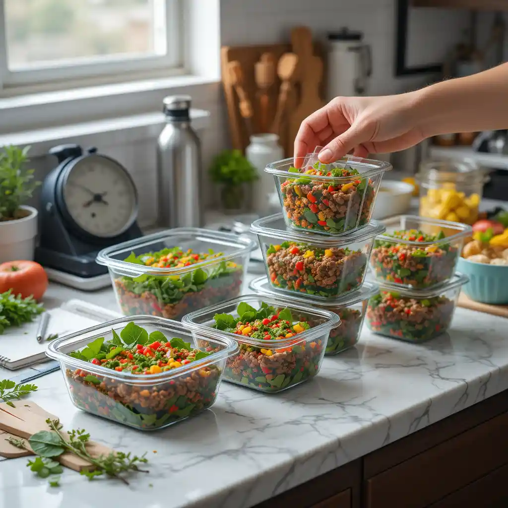 Meal prep containers filled with high protein ground beef recipes featuring colorful vegetables and lean protein for healthy weeknight dinners
