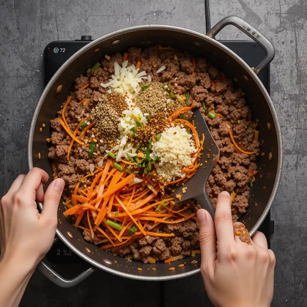 Hands adding minced garlic, grated ginger, and julienned carrots to a skillet with cooked ground beef, stirring with a spatula, for lettuce wraps." (Ajout des aromates et légumes)