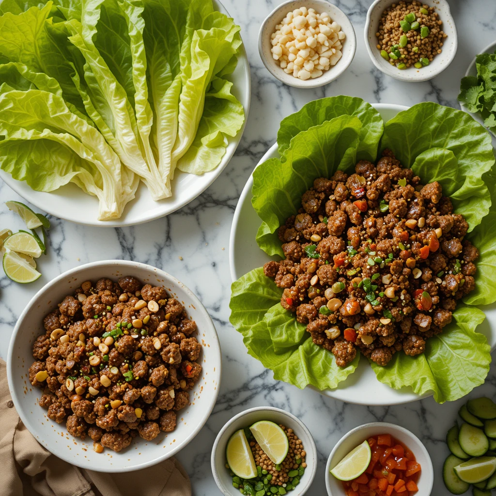 Close-up of crispy lettuce cups filled with seasoned ground beef mixture, showcasing the perfect low carb beef wraps texture and ingredients