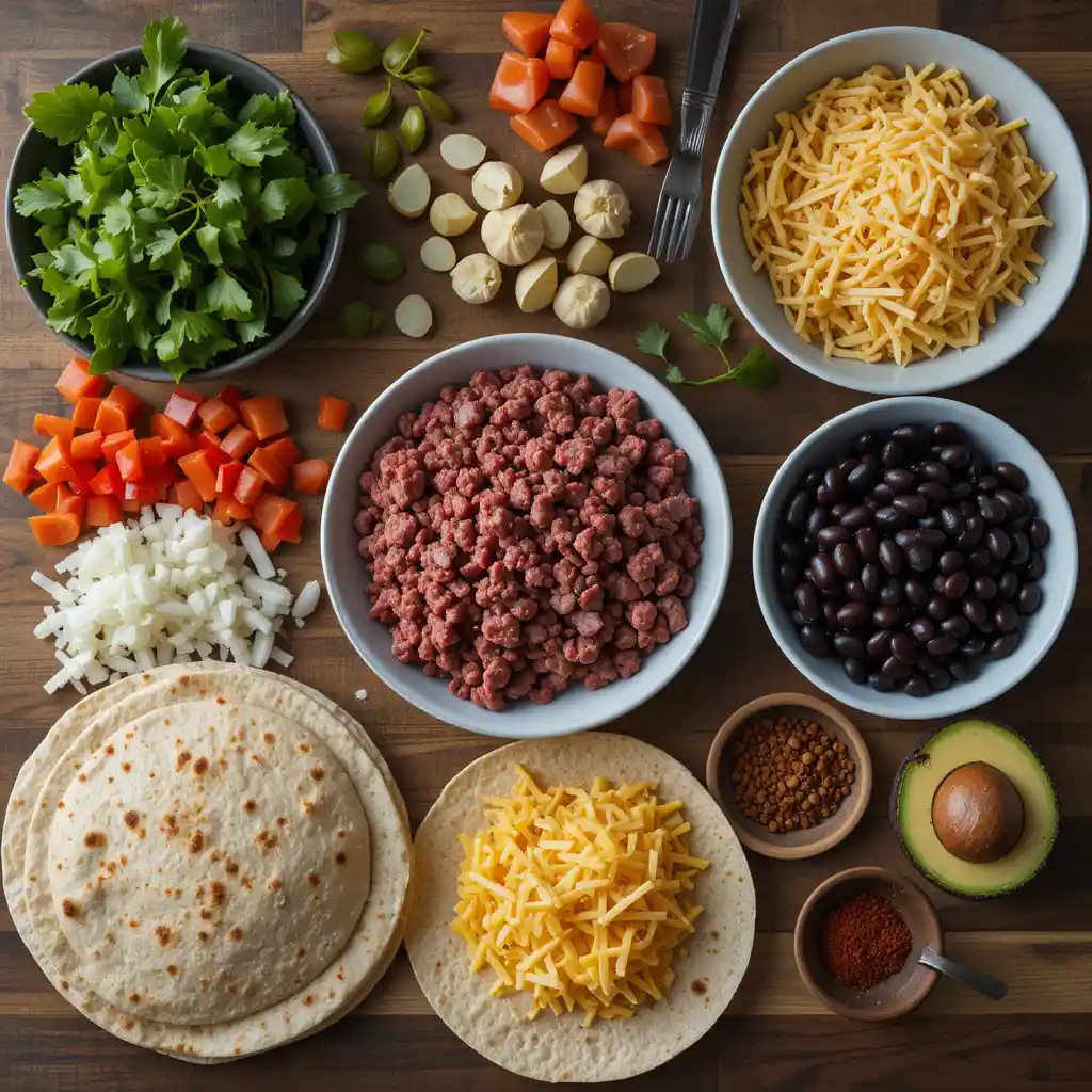 Before the sizzle comes the selection—this flat lay celebrates the wholesome ingredients that build flavor from the ground up. From lean ground beef to black beans, crisp bell peppers, warm spices, and sprouted grain tortillas, every element is fresh, vibrant, and carefully arranged for visual harmony. It’s a feast of textures and colors, showing that good food starts with good choices.