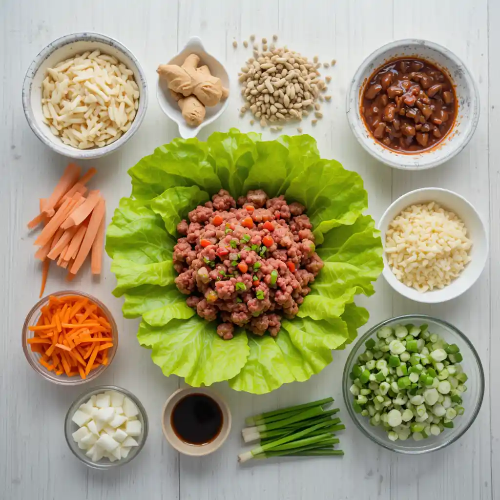 Fresh ground beef lettuce wraps with colorful vegetables and sesame seeds on a white plate, showing low carb beef wraps recipe