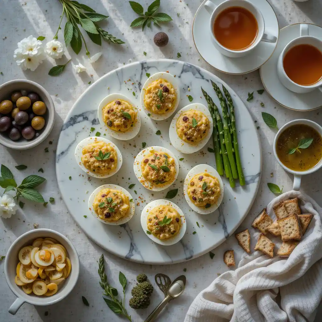 Elegant brunch platter of stuffed eggs garnished with smoked salmon rosettes, fresh chives, microgreens, and lemon zest, arranged on a frosted white porcelain plate with ice crystals beneath. Minimalist table styling with champagne flutes and tea cups.