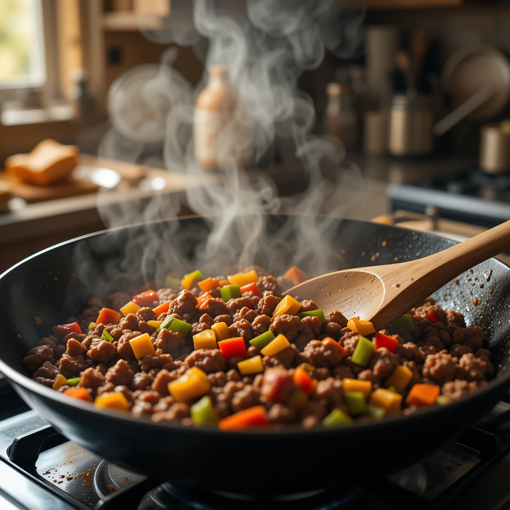 This behind-the-scenes moment shows the heart of the cooking process: ground beef browning, bell peppers softening, and the air filled with spice and steam. The close-up view adds energy and authenticity, making viewers feel like they're right there at the stovetop. It's culinary storytelling in motion—the savory foundation that transforms ingredients into a nourishing meal.