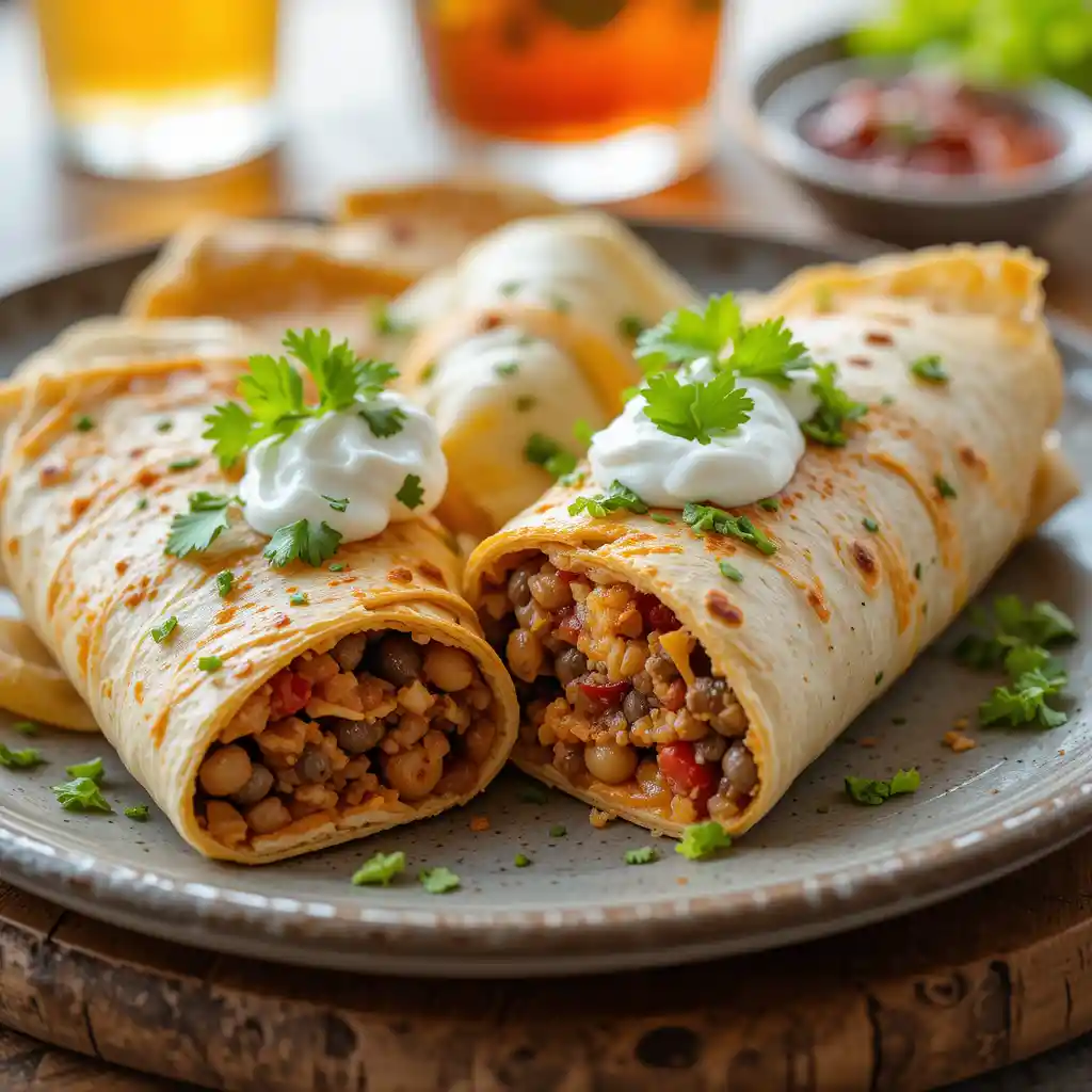 This inviting shot captures the essence of comfort food done right. Our Beef & Bean Burritos/Quesadillas are plated with golden, crisped tortillas, melted cheese spilling gently from the edges, and vibrant toppings like fresh avocado and chopped cilantro. A side of creamy Greek yogurt and tangy salsa completes the presentation, all bathed in soft natural light for that magazine-worthy, appetizing look.