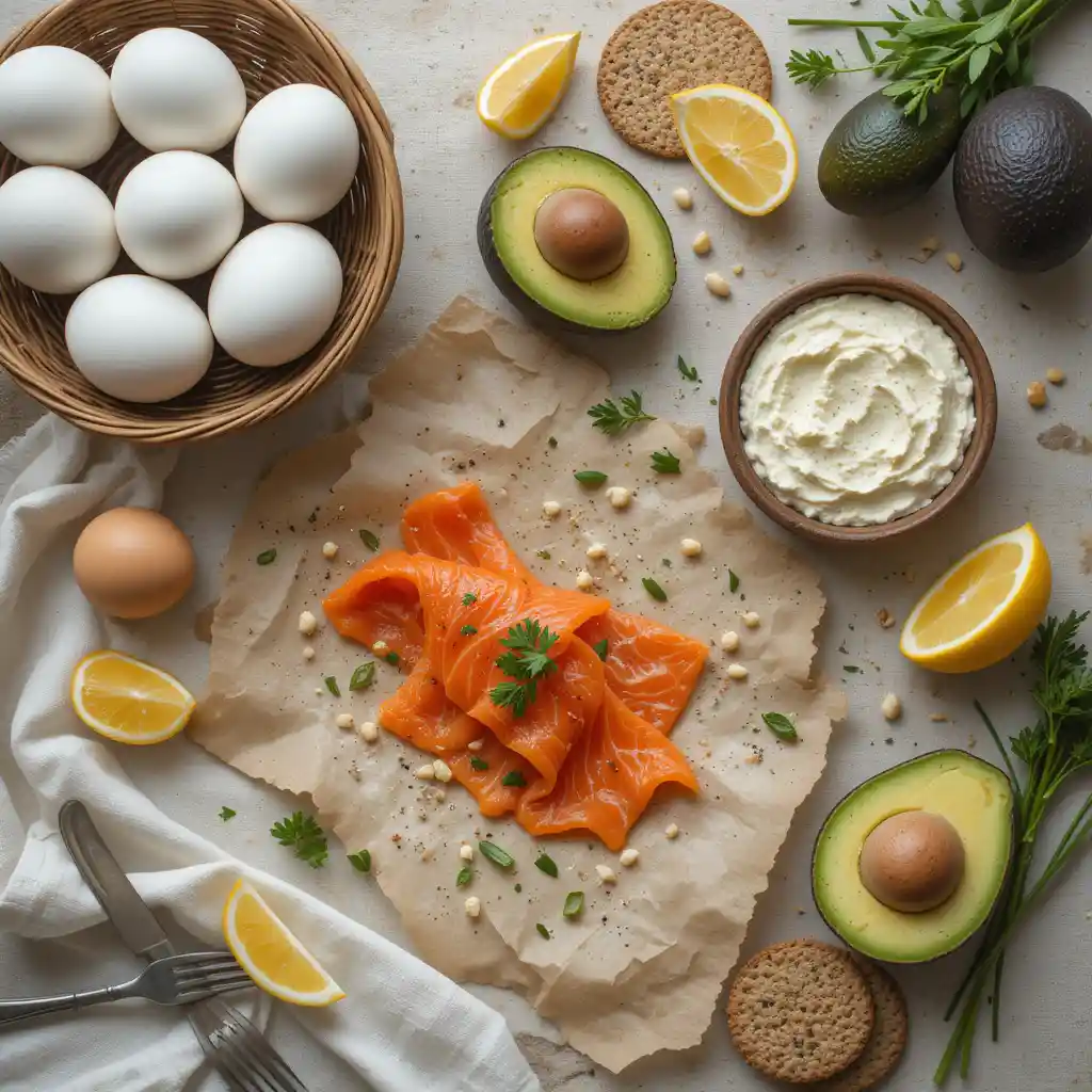 Elegant brunch platter of stuffed eggs garnished with smoked salmon rosettes, fresh chives, microgreens, and lemon zest, arranged on a frosted white porcelain plate with ice crystals beneath. Minimalist table styling with champagne flutes and tea cups. brunch ideas