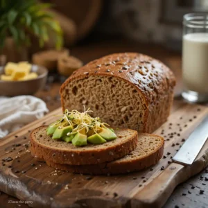 a realistic, appetizing photograph of freshly baked homemade rye bread ready to serve