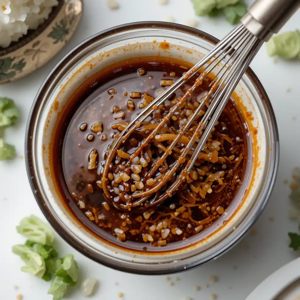 Close-up shot of a small bowl filled with hoisin sauce, soy sauce, rice vinegar, and sesame oil, with a whisk nearby, ready to be mixed for the lettuce wraps sauce." (Focus sur la sauce