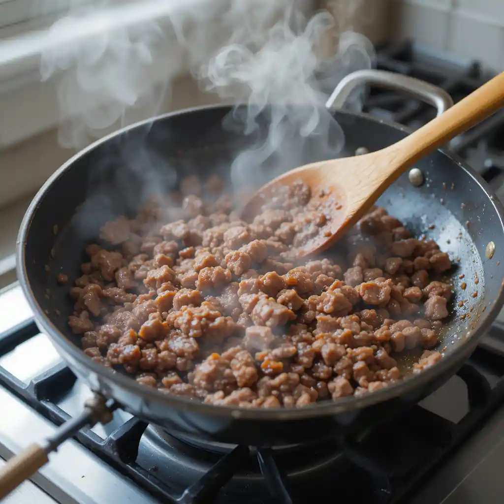 A skillet on a stove with lean ground beef browning, a wooden spoon breaking it apart, steam gently rising, for Asian-Inspired Lettuce Wraps." (Cuisson du bœuf)