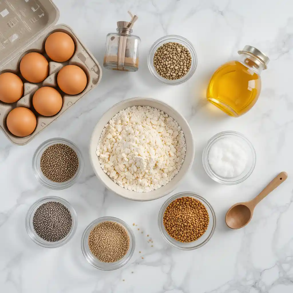 a clean, organized flat lay photograph of low glycemic bread ingredients on a white marble countertop. Include: a bowl of blanched almond flour, small glass bowls containing chia seeds, pumpkin seeds, and ground flaxseed, 6 brown eggs in a carton, a bottle of extra