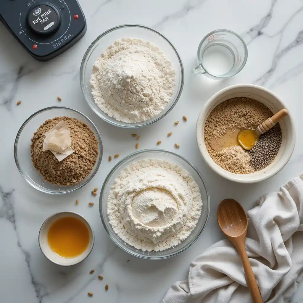 Easy rye bread recipe : a realistic overhead flat lay photography of rye bread ingredients and prep steps on a clean white marble countertop. Show: 200g rye flour in a glass bowl, 200g wholemeal flour in another bowl, one packet of dried yeast, small bowl of se