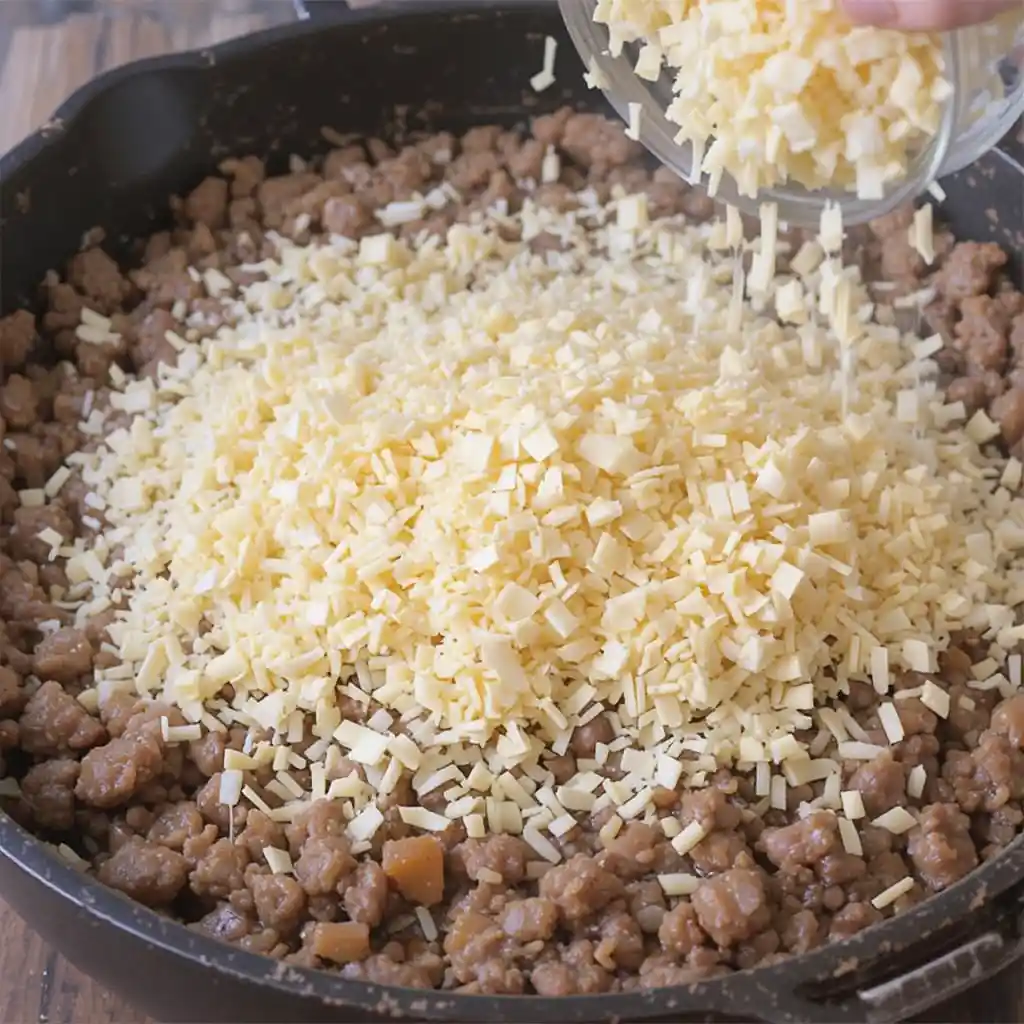 Shredded cheddar cheese being sprinkled over a skillet filled with beef, rice, and black beans. Cheese falling in mid-air, forming an even layer across the hot mixture, with warm kitchen lighting and melty textures just beginning to form
