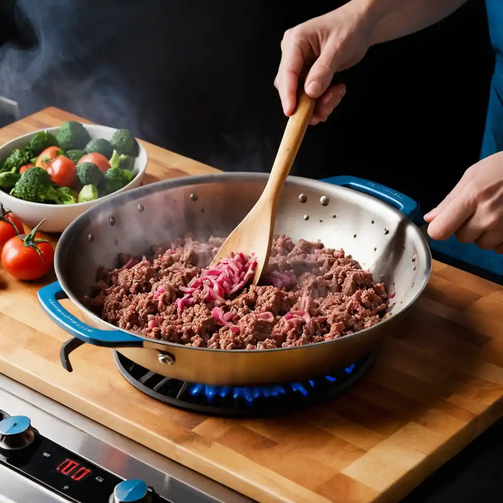 ground beef is being browned in a large, heavy-bottomed stainless steel skillet over medium-high heat. Show the meat actively cooking with some steam rising, being broken apart with a wooden spoon. 