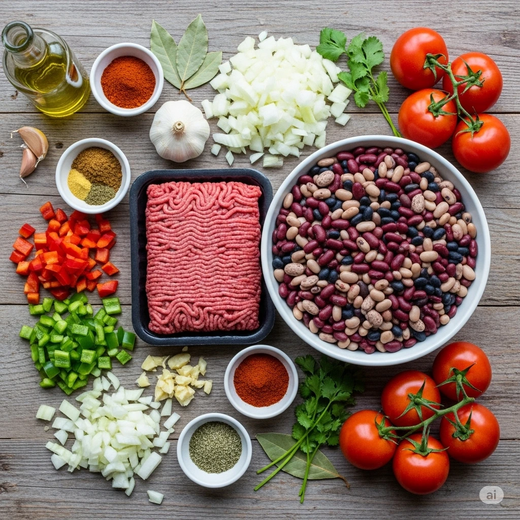 "Budget-friendly healthy chili recipe ingredients laid out including ground beef, three types of beans, and fresh vegetables"
