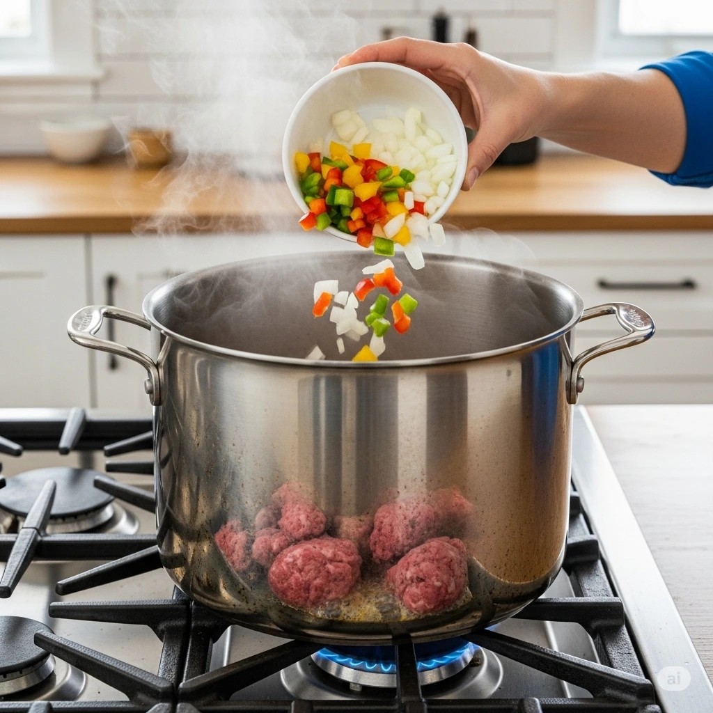 "Nutritious beef and bean chili cooking in large pot with wooden spoon, showing colorful vegetables and herbs"