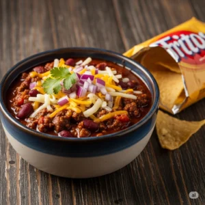 Healthy chili recipe in white bowl topped with Greek yogurt and green onions on wooden table"