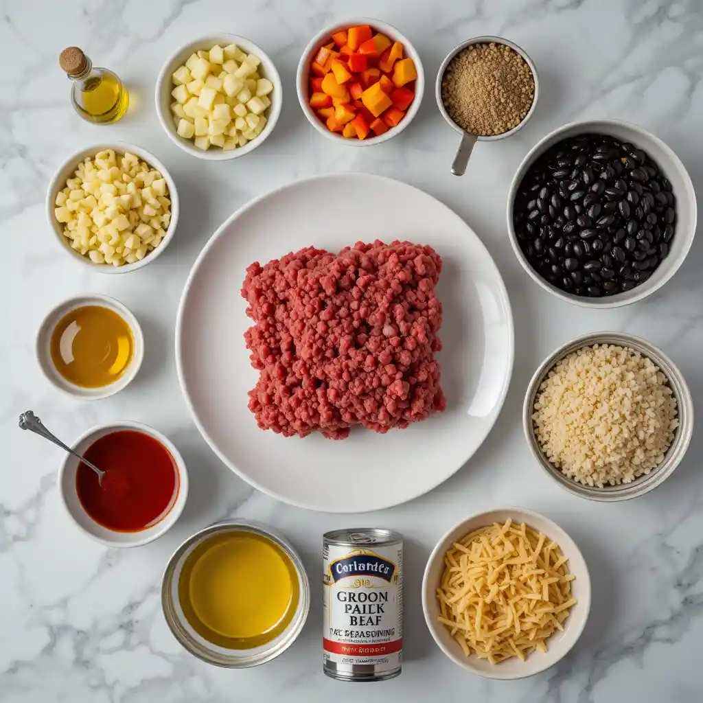 Flat lay of Mexican ground beef skillet ingredients on marble countertop: raw ground beef, chopped onions, colorful bell peppers, garlic, olive oil, brown rice, black beans, tomato sauce, taco seasoning, beef broth, and shredded cheddar. Bright, natural light and clean food styling