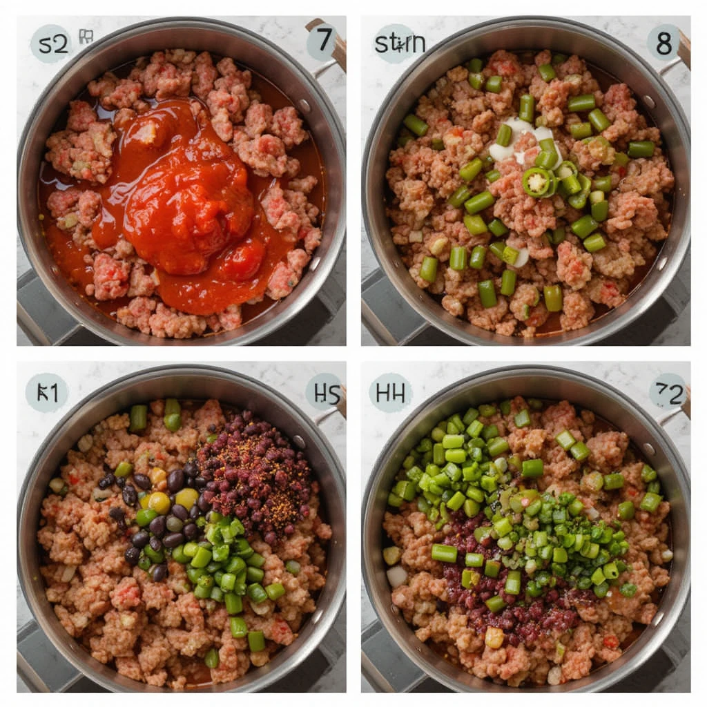 Tomato sauce poured into a skillet with green chiles and black beans, blending into browned ground beef. Ingredients in motion with visible beans and vibrant colors, capturing the rich, saucy mixture mid-cook