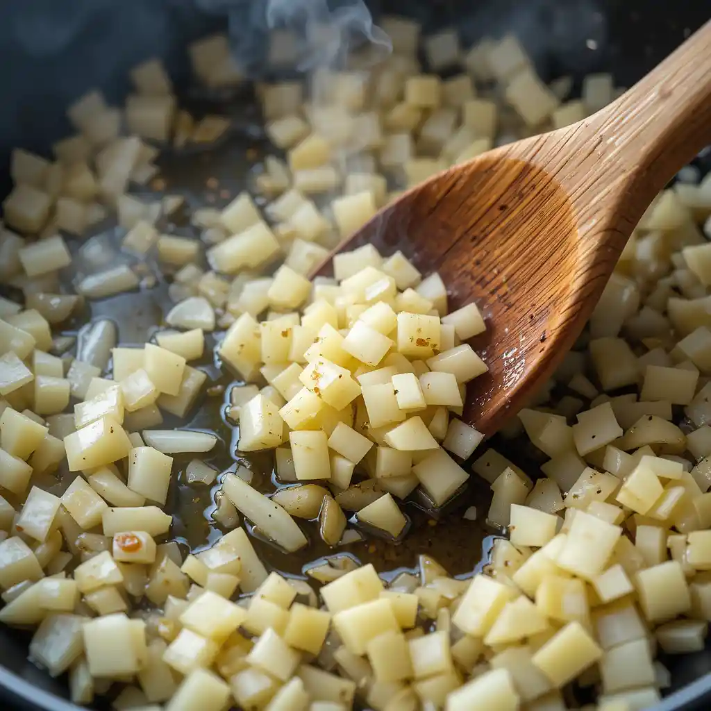 Sautéed garlic and diced onion sizzling in olive oil, stirred with a wooden spoon in a skillet. Steam rising as vegetables turn translucent, viewed from a slight angle to capture the cooking process
