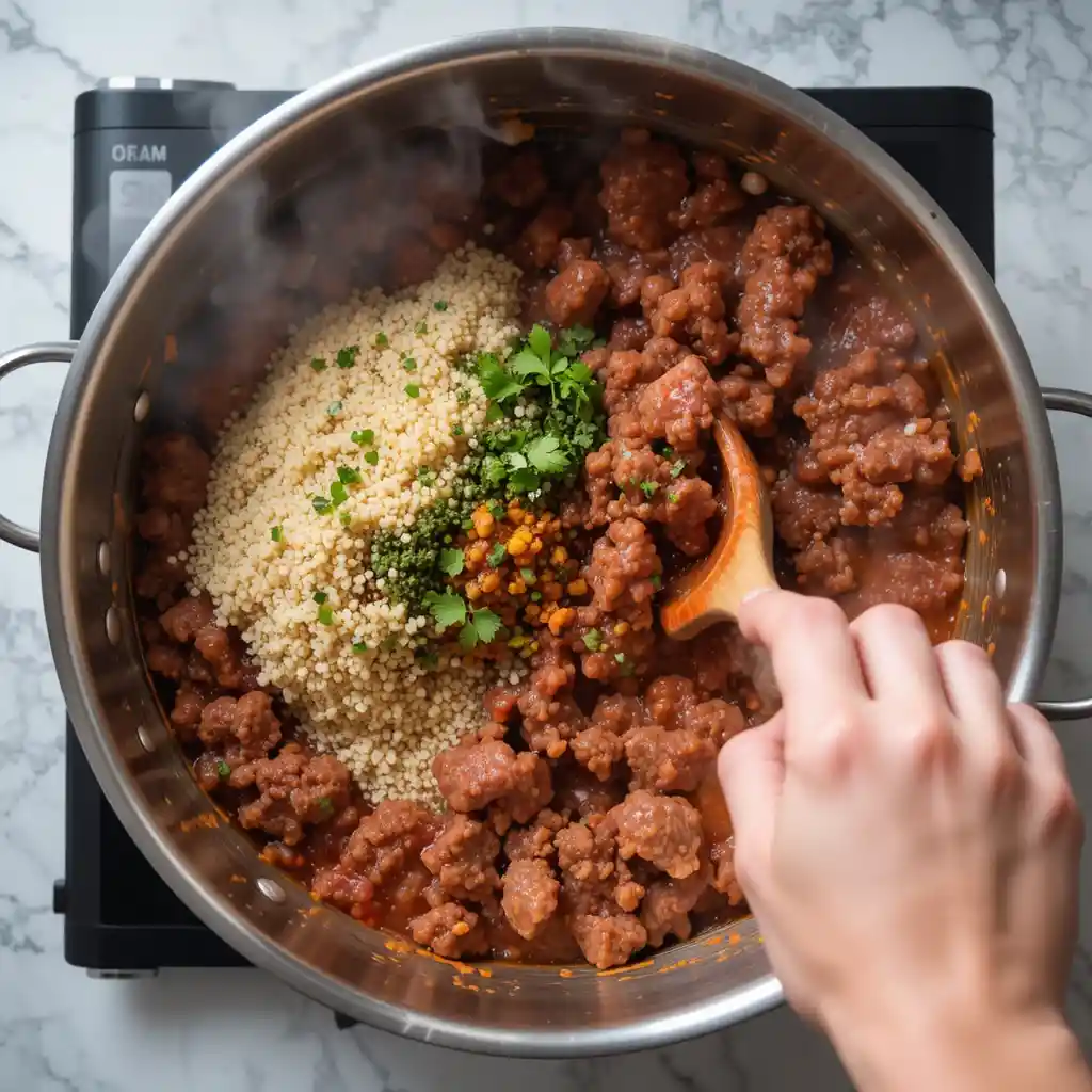 Overhead shot of a mixing bowl with steaming quinoa, cooked ground beef, tomato sauce, and chopped herbs being stirred with a wooden spoon—essential steps in crafting the flavorful filling for healthy stuffed bell peppers