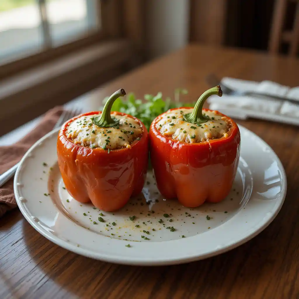 Two healthy stuffed bell peppers plated with melted cheese and fresh herbs, served alongside a side of mixed greens on a wooden dining table bathed in natural window light, capturing the cozy appeal of a homemade, nutritious meal