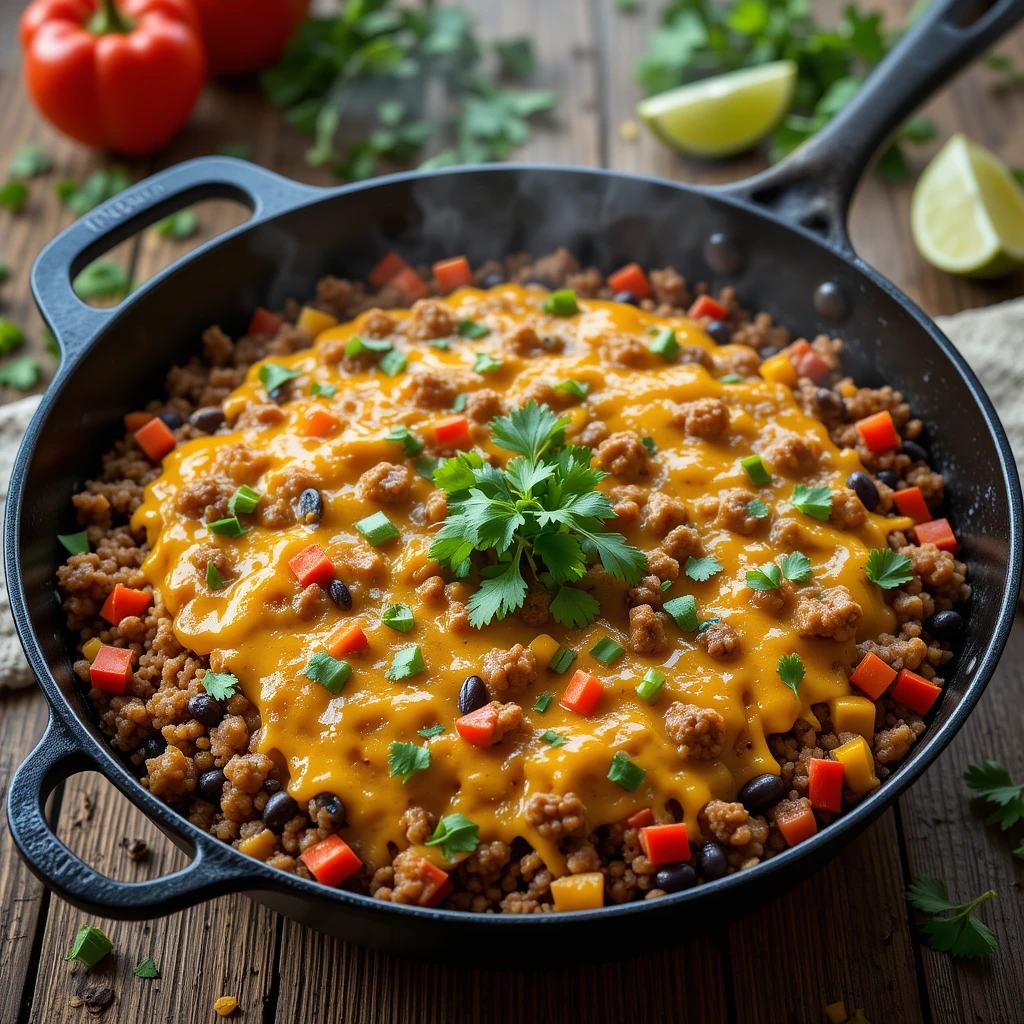 Mexican ground beef skillet with melted cheese, served with tortilla chips and avocado on a plate
