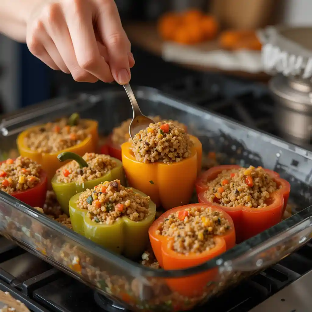 Side view of someone spooning a hearty quinoa and beef mixture into halved bell peppers arranged in a clear glass baking dish on the stovetop, illustrating the homey assembly phase of healthy stuffed bell peppers with real kitchen lighting and texture-rich details.