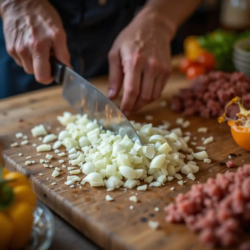 Close-up of hands chopping garlic and onion on a wooden cutting board beside bell peppers and raw ground beef, capturing the preparation process for healthy stuffed bell peppers in a warmly lit, casual kitchen with a stainless steel knife in motion.
