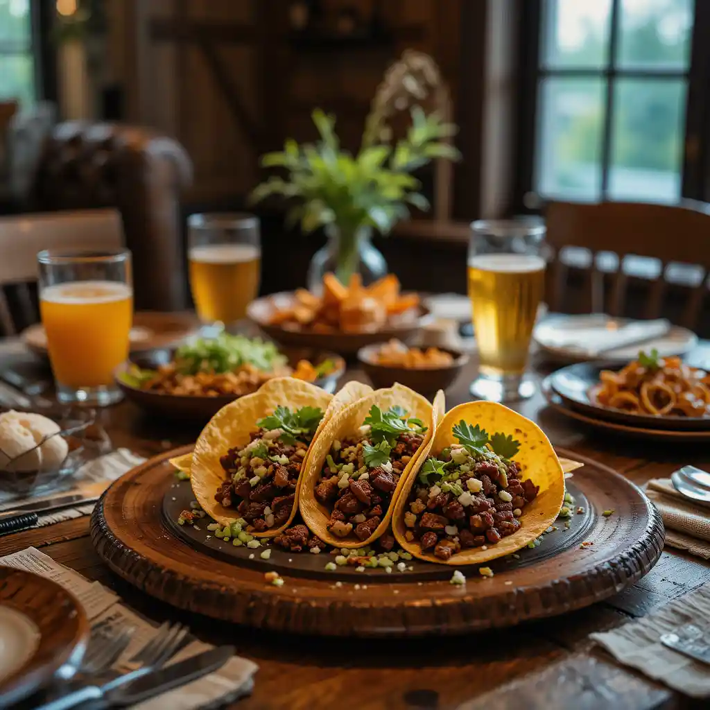 Nutritious beef tacos topped with creamy avocado yogurt slaw, diced tomatoes, and fresh cilantro on a rustic plate