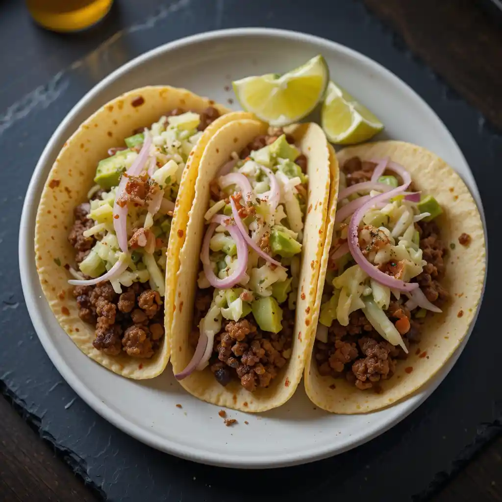 Quick and healthy beef taco recipe featuring seasoned lean ground beef and vibrant purple and green cabbage slaw