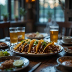 Healthy beef taco recipe with colorful avocado slaw, lean ground beef, and fresh corn tortillas arranged on a wooden serving board