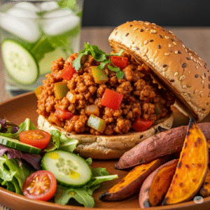 an enticing hero shot of the completed healthy Sloppy Joe served on a whole grain hamburger bun. The Sloppy Joe mixture should look rich and saucy with visible bits of colorful vegetables throughout, piled generously on the bottom half of a toasted whole grain bun with the top bun placed alongside.