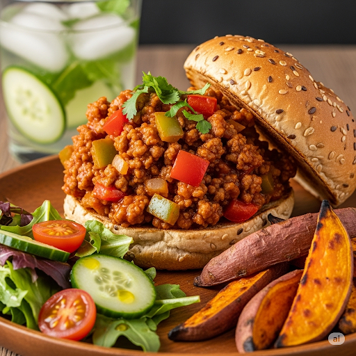 an enticing hero shot of the completed healthy Sloppy Joe served on a whole grain hamburger bun. The Sloppy Joe mixture should look rich and saucy with visible bits of colorful vegetables throughout, piled generously on the bottom half of a toasted whole grain bun with the top bun placed alongside.
