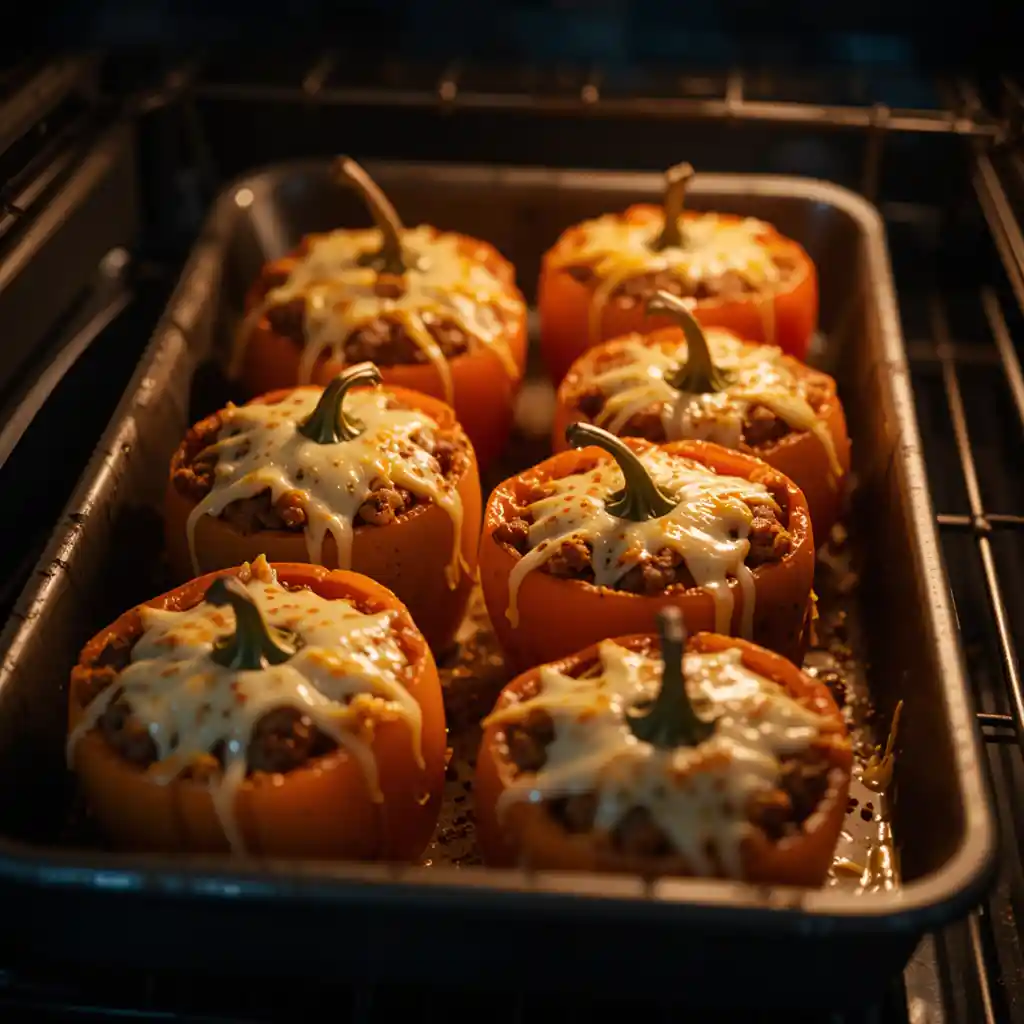 Close-up through oven door showing healthy stuffed bell peppers baking, topped with bubbly, golden-brown melted cheese and softly lit by the oven’s warm glow.
